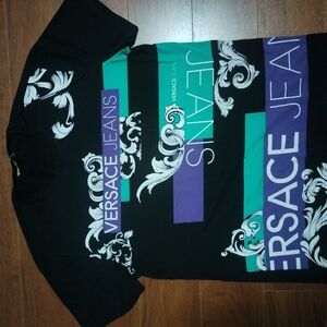 Versace Black Tee with White Floral Design